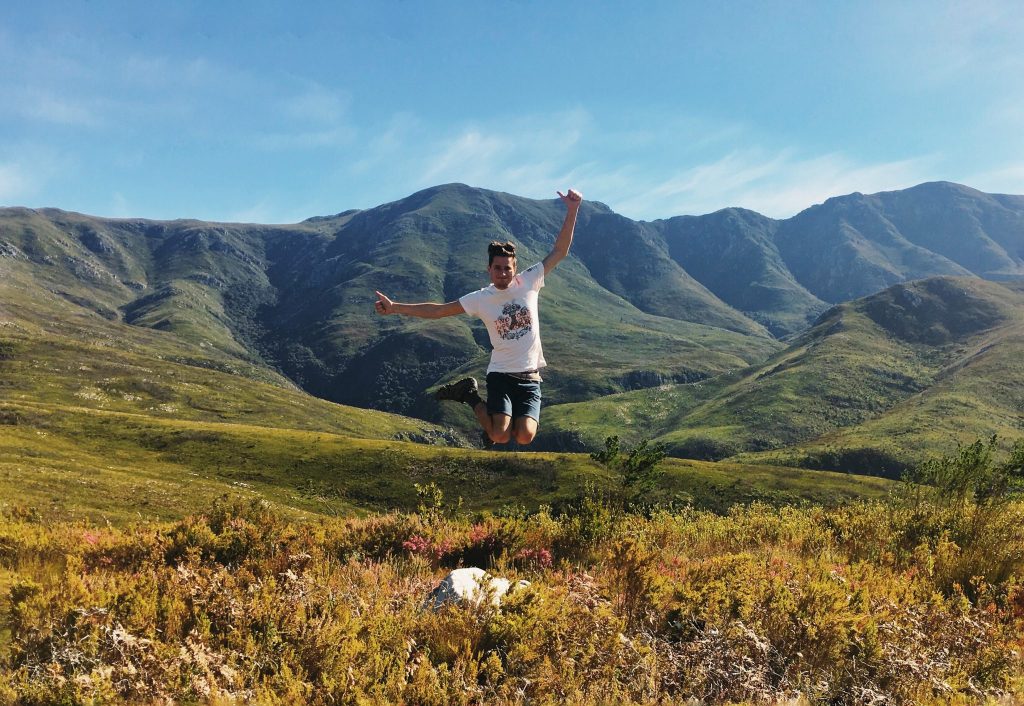 Jared jumping in Grootvadersbosch Nature Reserve
